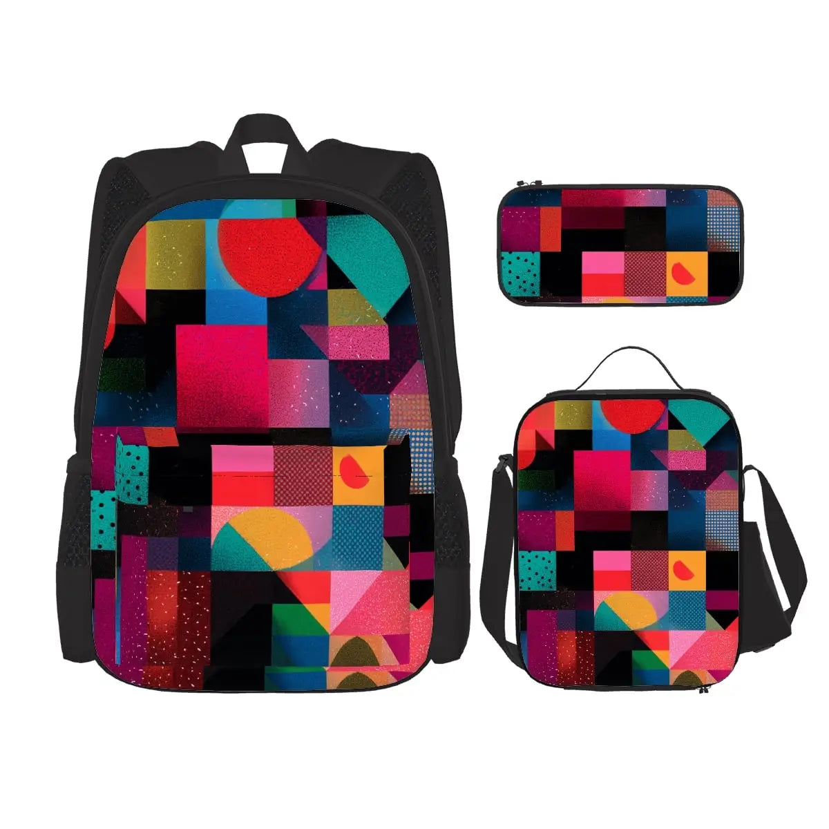 Vibranter geometrisch gemusterter rucksack mit schwarzem rand und passender lunchbag aus büro und schule kollektion