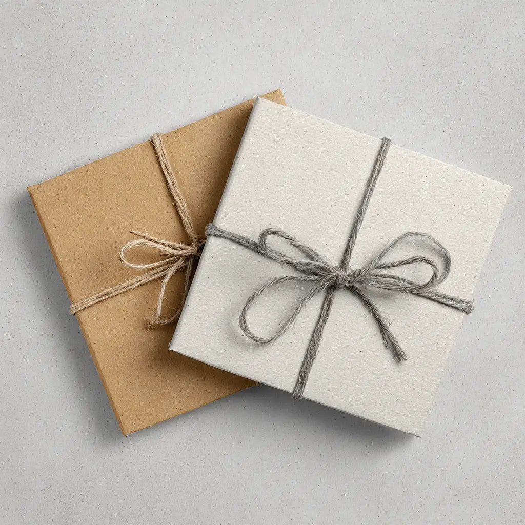 Zwei quadratische geschenkboxen in kraftpapier und cremefarbenem strukturiertem papier mit rustikalen schnur schleifen in der sammlung gutscheine